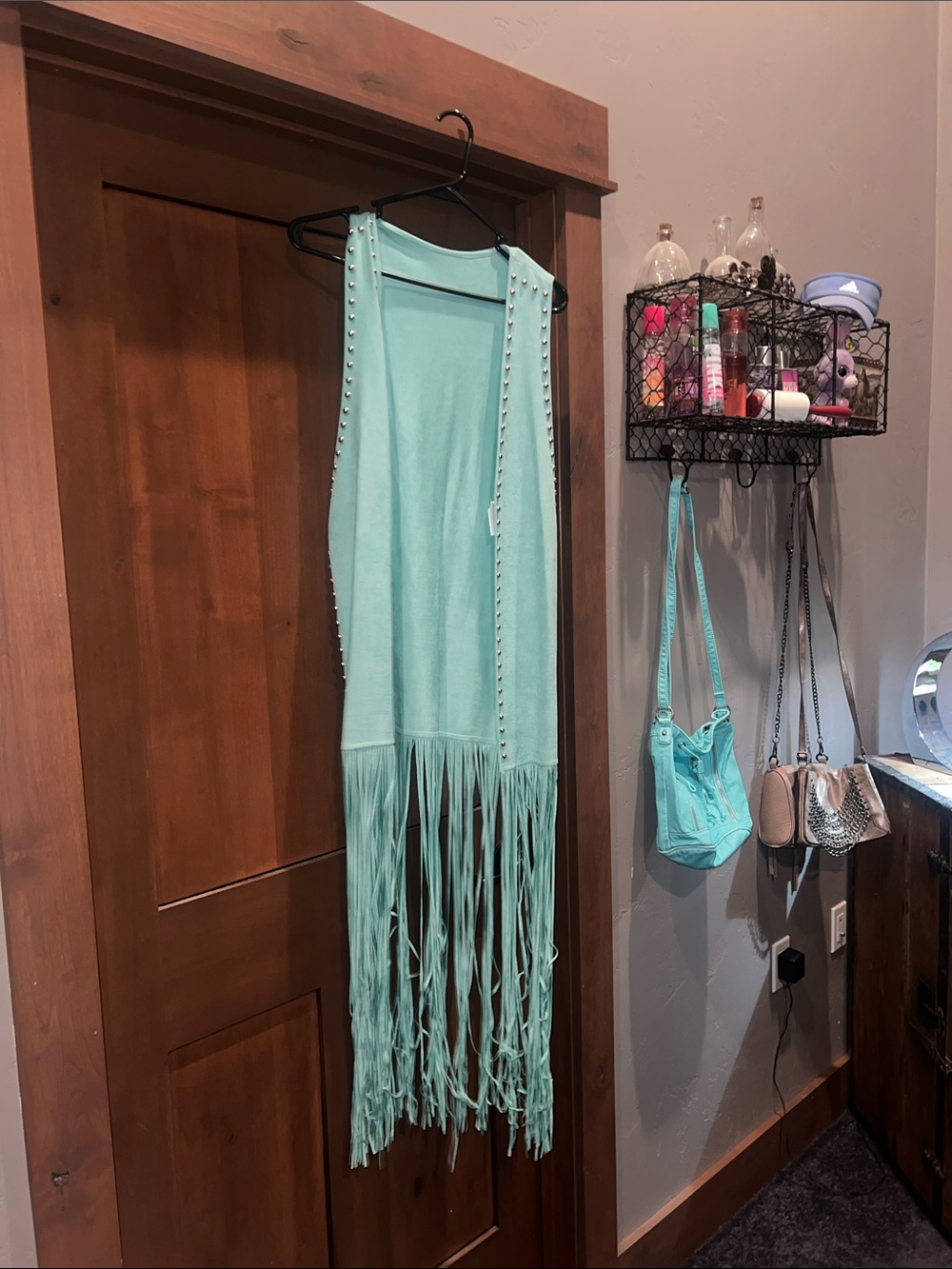Crazy Train Studded Duster Vest w/ Fringe-Light Blue